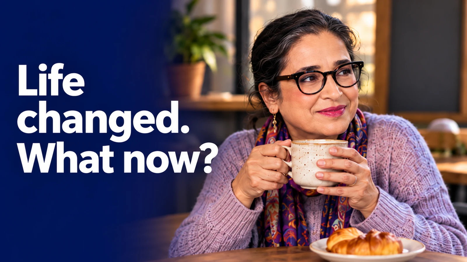 Life changed. What now? Yasmin holding a cup of tea in warm window light.