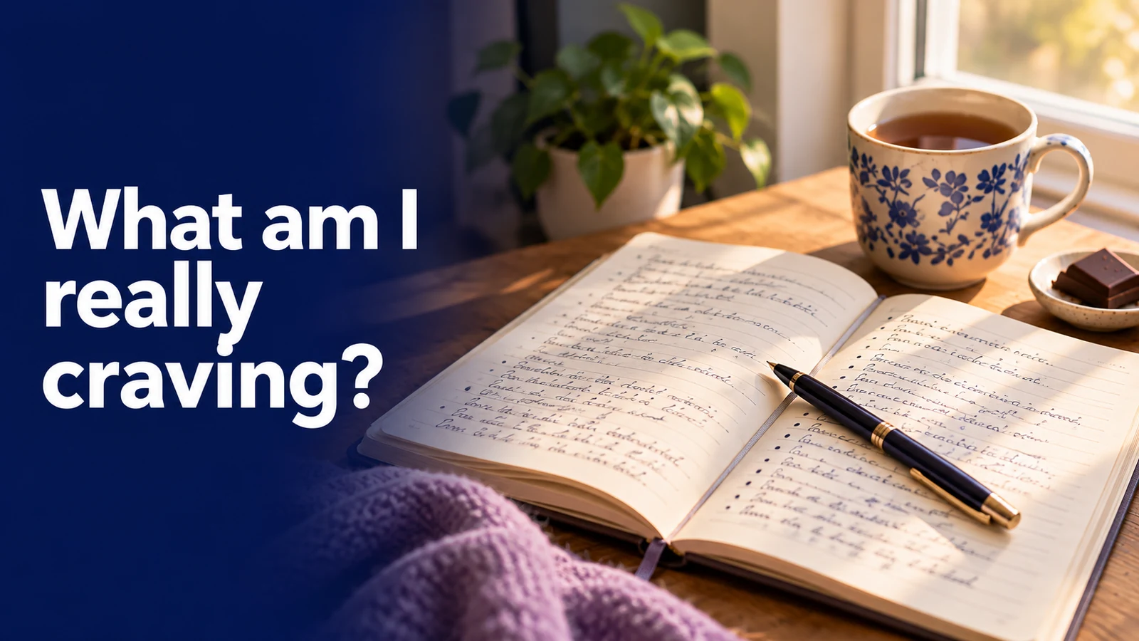 What am I really craving? An open journal, pen and cup of tea offer space to reflect.