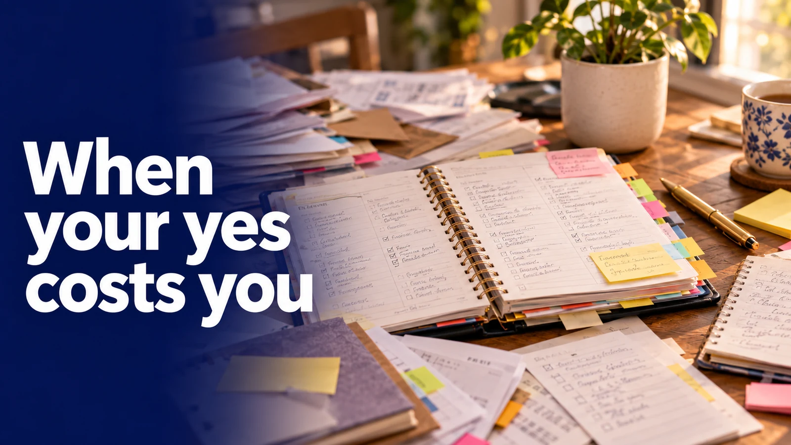 When your yes costs you. A crowded planner and overlapping paperwork on a desk.