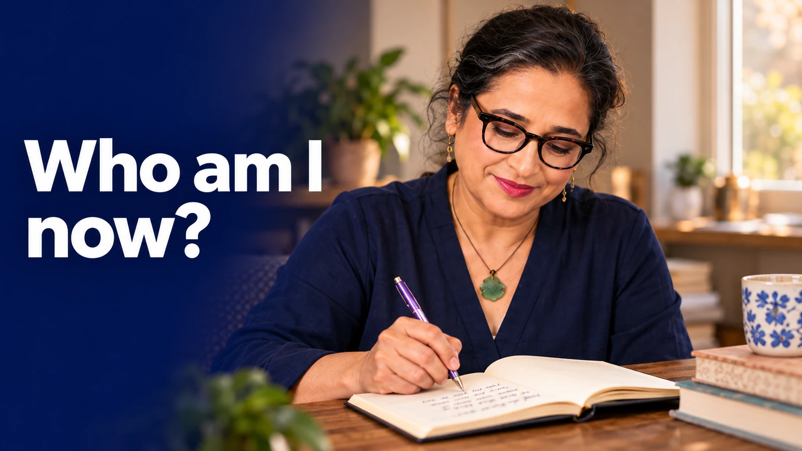 Who am I now? Yasmin writing in an open journal.