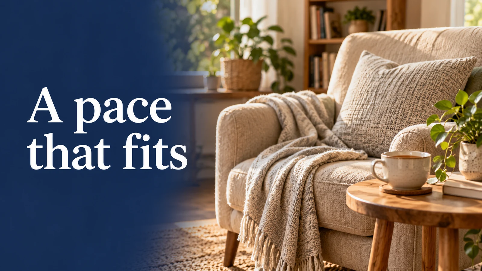 A pace that fits. An inviting armchair with a soft throw beside a cup of tea.